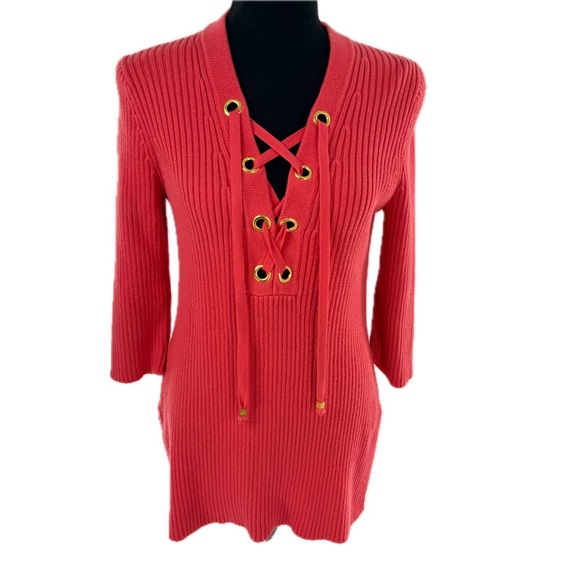 MICHAEL Michael Kors Ribbed Lace-Up Cotton Sweater Tunic Coral Sangria Size M - Picture 1 of 15